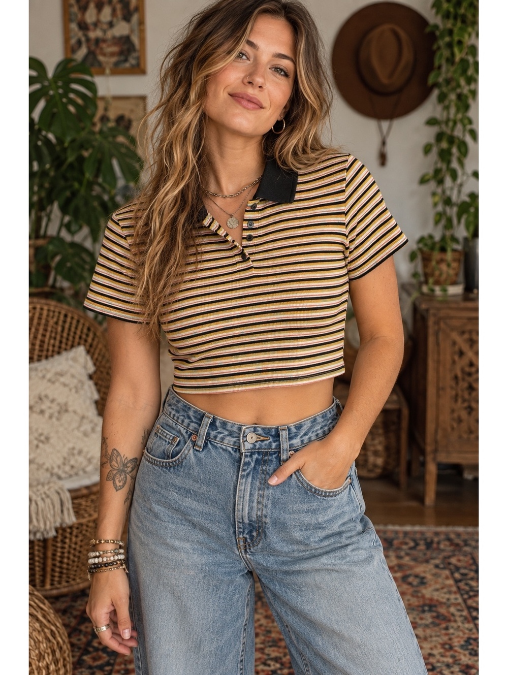 Levi’s Women’s Striped Ribbed Crop Polo Shirt Size L